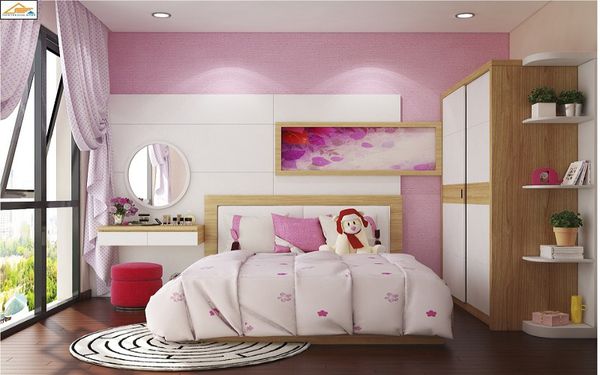 Phòng ngủ của con gái sử dụng tông màu hồng rất nữ tính